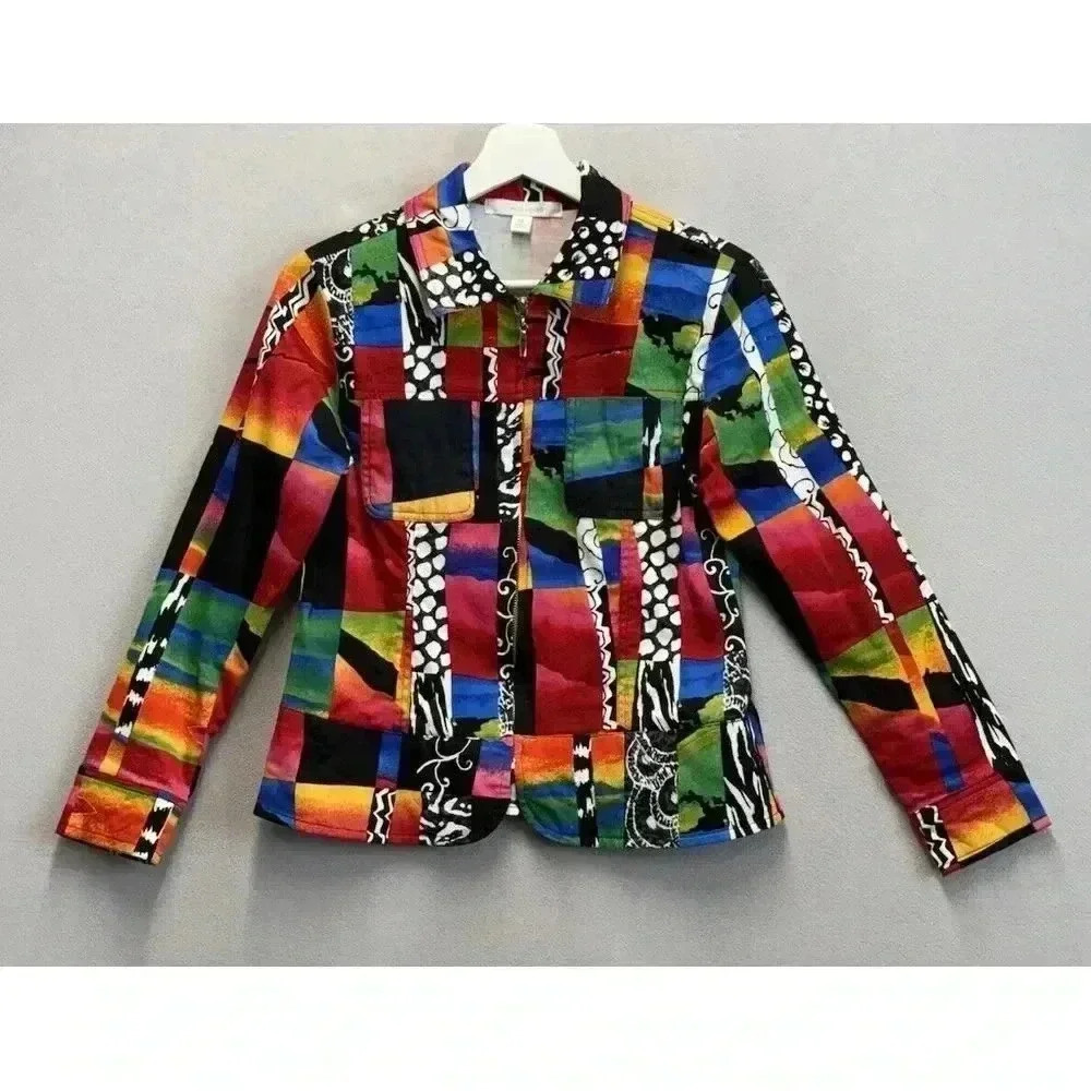Erin London Women's Petite Sz S‎ Rainbow Multicolor Patch Prints Full Zip Jacket